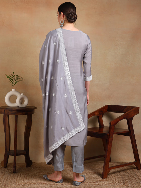 Ahika Women Grey Silk Blend Solid Straight Kurta Pant Set With Dupatta