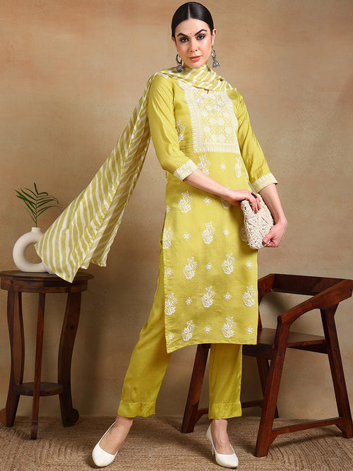 Ahika Women Yellow Silk Blend Solid Straight Kurta Pant Set With Dupatta