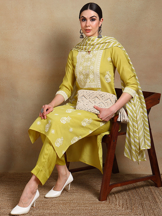 Ahika Women Yellow Silk Blend Solid Straight Kurta Pant Set With Dupatta