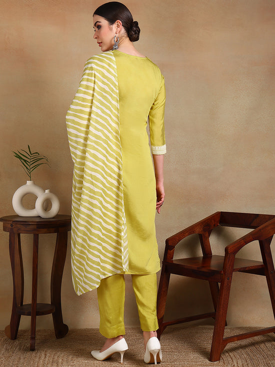 Ahika Women Yellow Silk Blend Solid Straight Kurta Pant Set With Dupatta