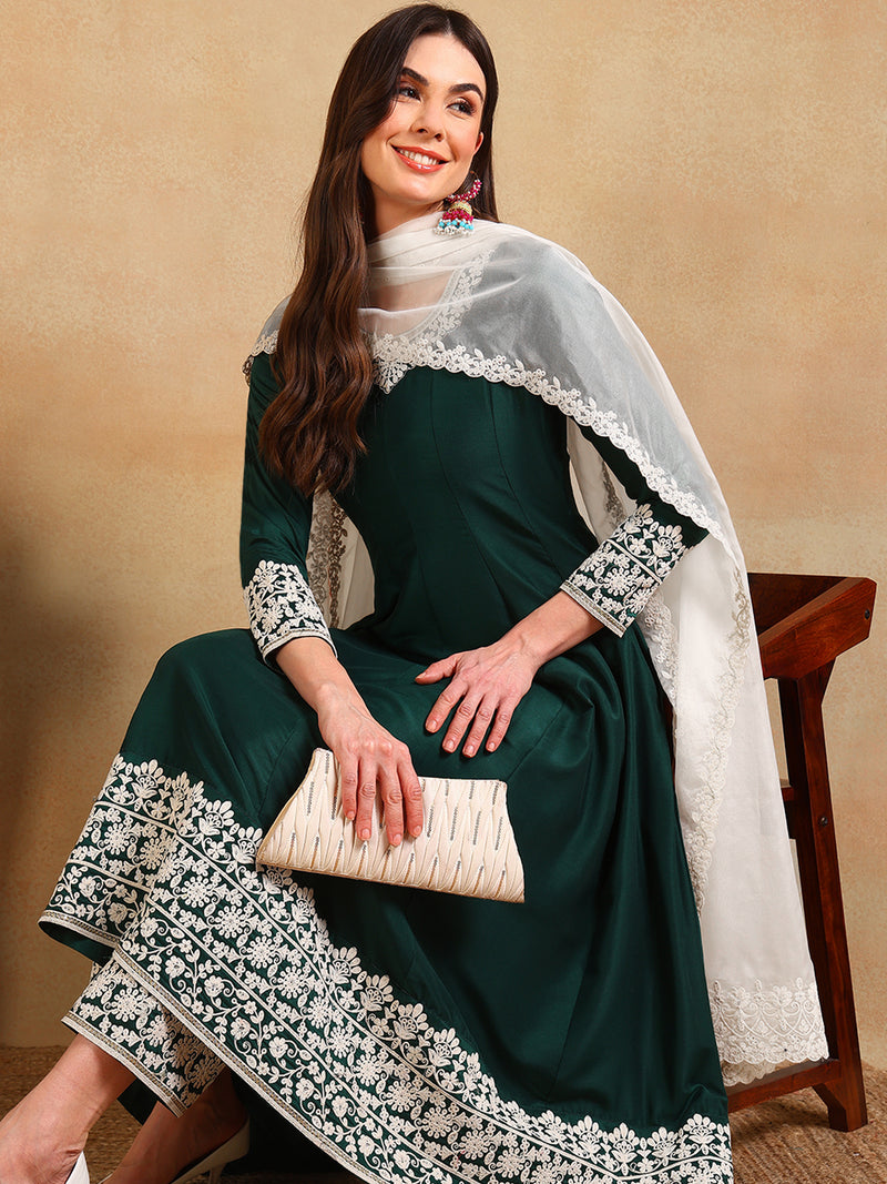 Ahika Women Green Silk Blend Embroidered Anarkali Kurta Pant Set With Dupatta