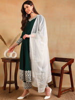 Ahika Women Green Silk Blend Embroidered Anarkali Kurta Pant Set With Dupatta
