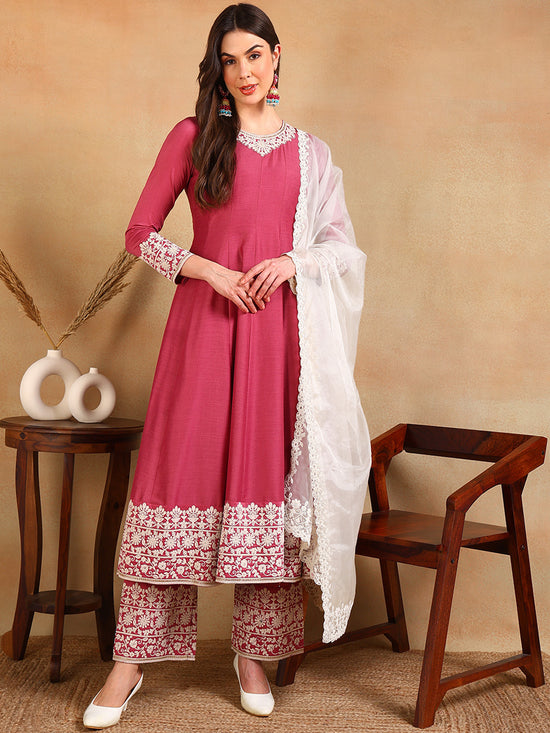 Ahika Women Pink Silk Blend Embroidered Anarkali Kurta Pant Set With Dupatta