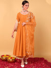 Ahika Women Orange Silk Blend Embroidered Anarkali Kurta Pant Set With Dupatta