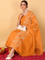 Ahika Women Orange Silk Blend Embroidered Anarkali Kurta Pant Set With Dupatta