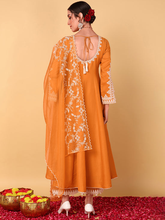 Ahika Women Orange Silk Blend Embroidered Anarkali Kurta Pant Set With Dupatta