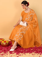 Ahika Women Orange Silk Blend Embroidered Anarkali Kurta Pant Set With Dupatta