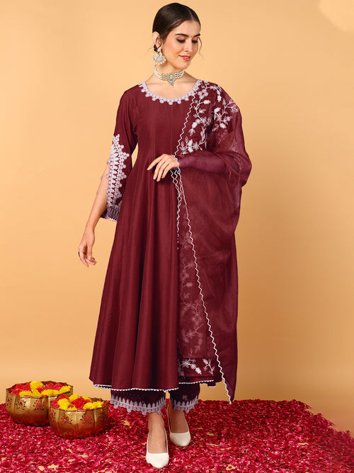 Ahika Women Maroon Silk Blend Embroidered Anarkali Kurta Pant Set With Dupatta