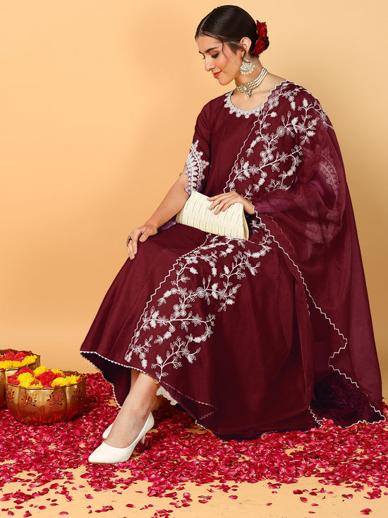 Ahika Women Maroon Silk Blend Embroidered Anarkali Kurta Pant Set With Dupatta