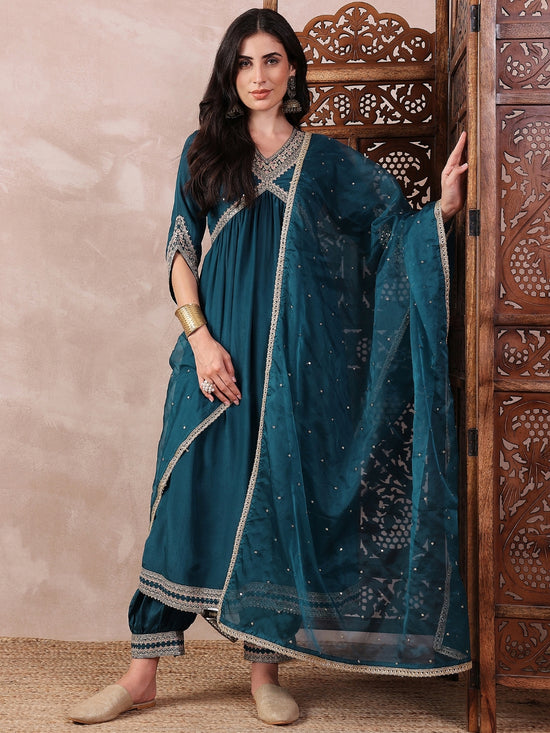 Ahika Women Teal Silk Blend Solid Embroidered Straight Kurta Salwar With Dupatta-PKSKD2367