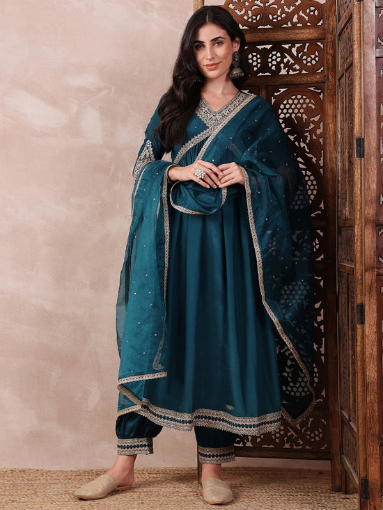 Ahika Women Teal Silk Blend Solid Embroidered Straight Kurta Salwar With Dupatta-PKSKD2367