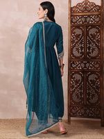 Ahika Women Teal Silk Blend Solid Embroidered Straight Kurta Salwar With Dupatta-PKSKD2367