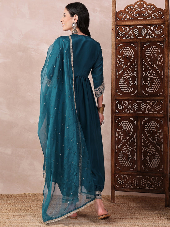 Ahika Women Teal Silk Blend Solid Embroidered Straight Kurta Salwar With Dupatta-PKSKD2367