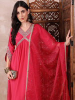 Ahika Women Pink Silk Blend Solid Embroidered Straight Kurta Salwar With Dupatta-PKSKD2369