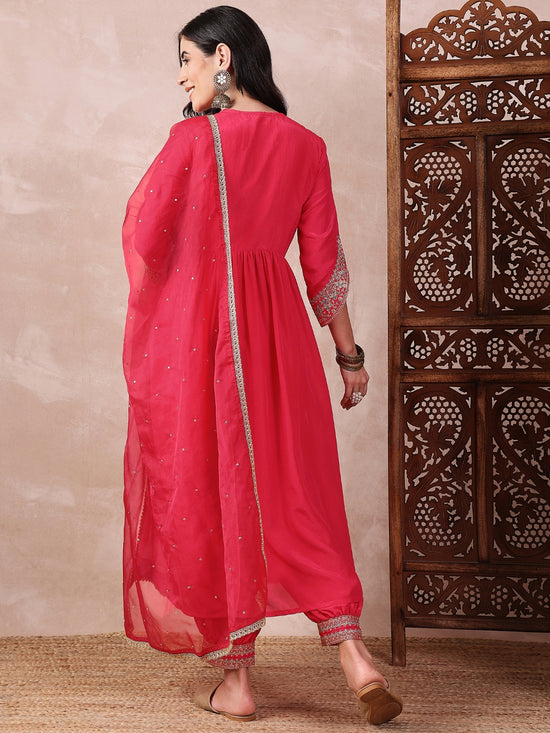 Ahika Women Pink Silk Blend Solid Embroidered Straight Kurta Salwar With Dupatta-PKSKD2369