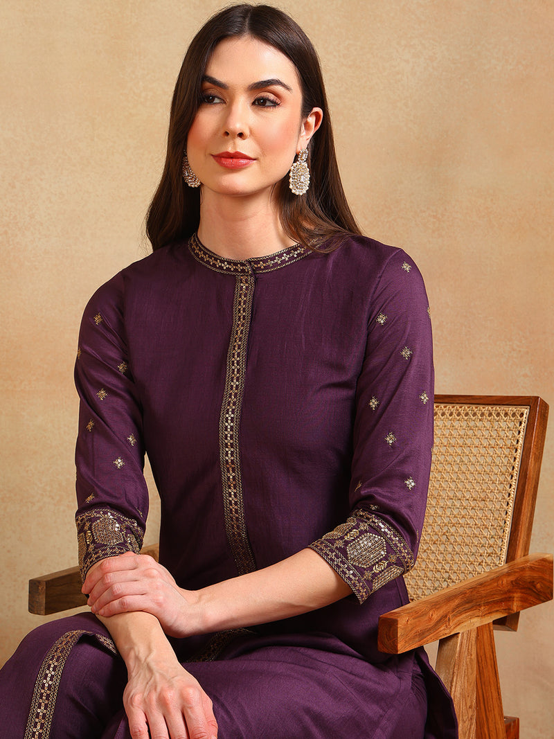 Ahika Women Purple Silk Blend Embroidered Straight Kurta Pant Set With Dupatta