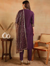 Ahika Women Purple Silk Blend Embroidered Straight Kurta Pant Set With Dupatta