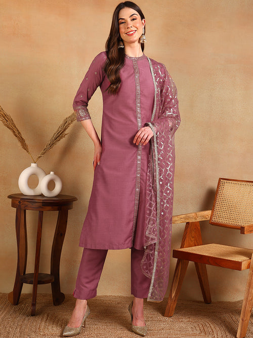 Ahika Women Pink Silk Blend Embroidered Straight Kurta Pant Set With Dupatta