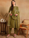 Ahika Women Olive Silk Blend Embroidered Straight Kurta Pant Set With Dupatta-PKSKD2372_S