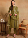 Ahika Women Olive Silk Blend Embroidered Straight Kurta Pant Set With Dupatta