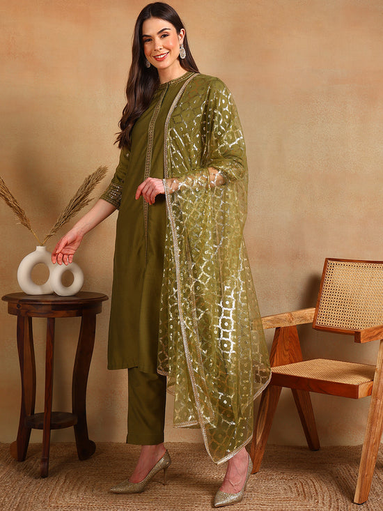 Ahika Women Olive Silk Blend Embroidered Straight Kurta Pant Set With Dupatta