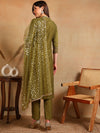 Ahika Women Olive Silk Blend Embroidered Straight Kurta Pant Set With Dupatta