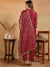 Ahika Women Red Silk Blend Embroidered Straight Kurta Pant Set With Dupatta
