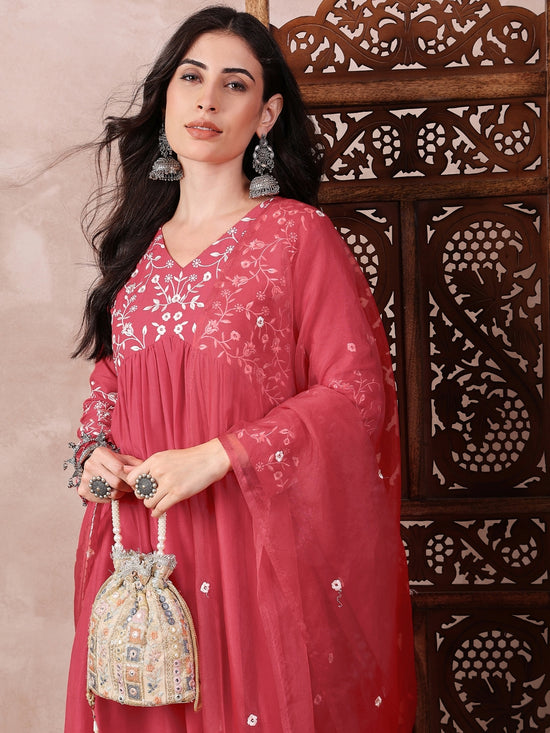 Ahika Women Red Cotton Blend Solid Embroidered A-Line Kurta Trouser With Dupatta-PKSKD2375