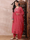 Ahika Women Red Cotton Blend Solid Embroidered A-Line Kurta Trouser With Dupatta-PKSKD2375