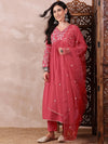 Ahika Women Red Cotton Blend Solid Embroidered A-Line Kurta Trouser With Dupatta-PKSKD2375