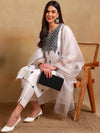 Ahika Women White Silk Blend Embroidered Straight Kurta Pant Set With Dupatta