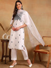 Ahika Women White Silk Blend Embroidered Straight Kurta Pant Set With Dupatta