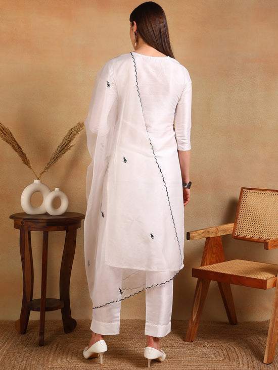 Ahika Women White Silk Blend Embroidered Straight Kurta Pant Set With Dupatta