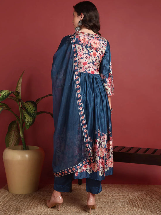 Ahika Polyester Floral Blue Indian Ethnic