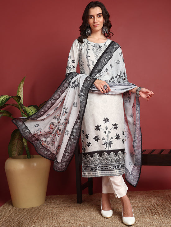 Ahika Polyester Floral White Indian Ethnic