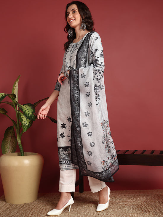 Ahika Polyester Floral White Indian Ethnic