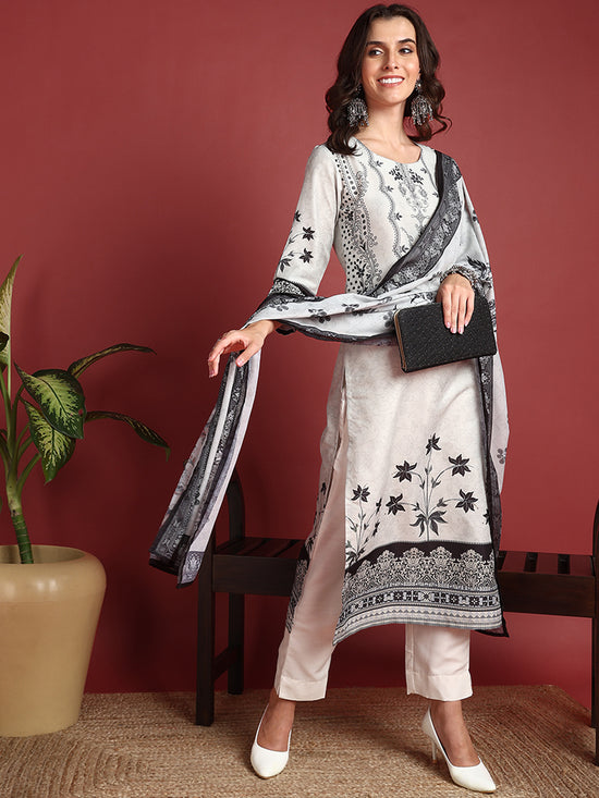 Ahika Polyester Floral White Indian Ethnic