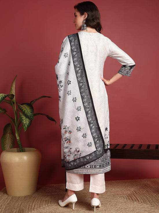 Ahika Polyester Floral White Indian Ethnic