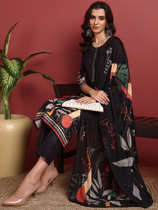 Ahika Polyester Abstract Black Indian Ethnic