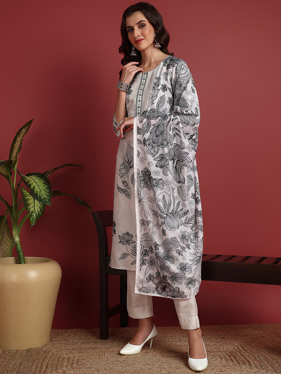 Ahika Polyester Floral White Indian Ethnic