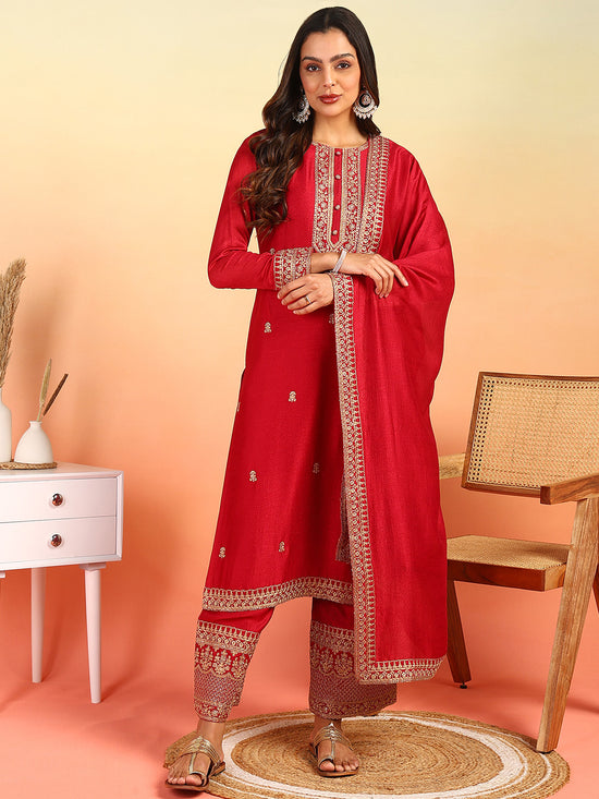 Ahika Women Red Silk Blend Solid Embroidered Straight Kurta Palazzo With Dupatta-PKSKD2399