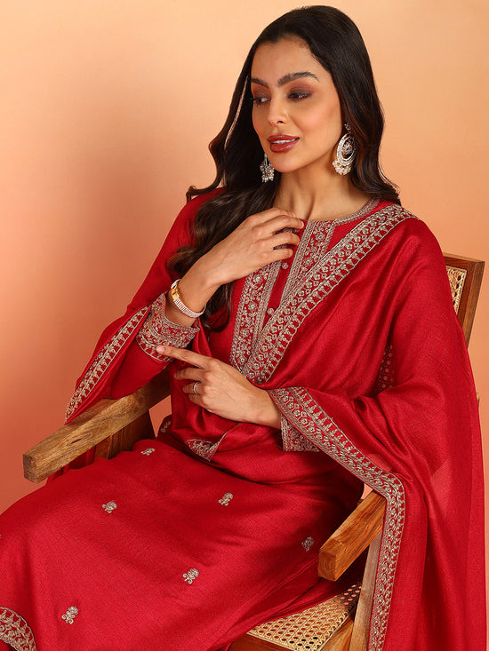 Ahika Women Red Silk Blend Solid Embroidered Straight Kurta Palazzo With Dupatta-PKSKD2399