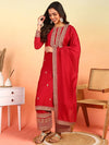 Ahika Women Red Silk Blend Solid Embroidered Straight Kurta Palazzo With Dupatta-PKSKD2399