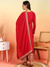 Ahika Women Red Silk Blend Solid Embroidered Straight Kurta Palazzo With Dupatta-PKSKD2399