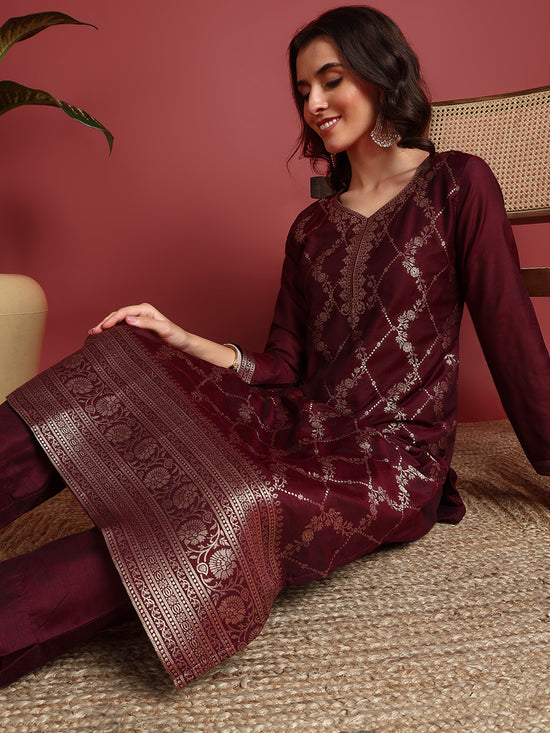 Ahika Polyester Ethnic motifs Maroon Indian Ethnic