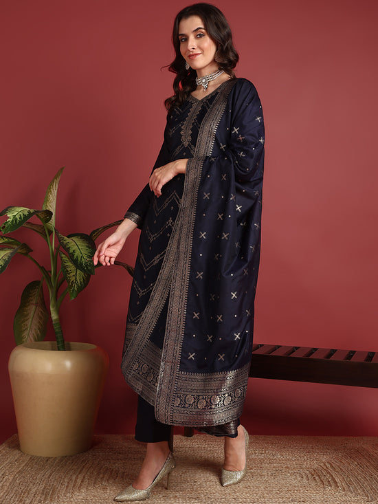 Ahika Polyester Ethnic motifs Blue Indian Ethnic