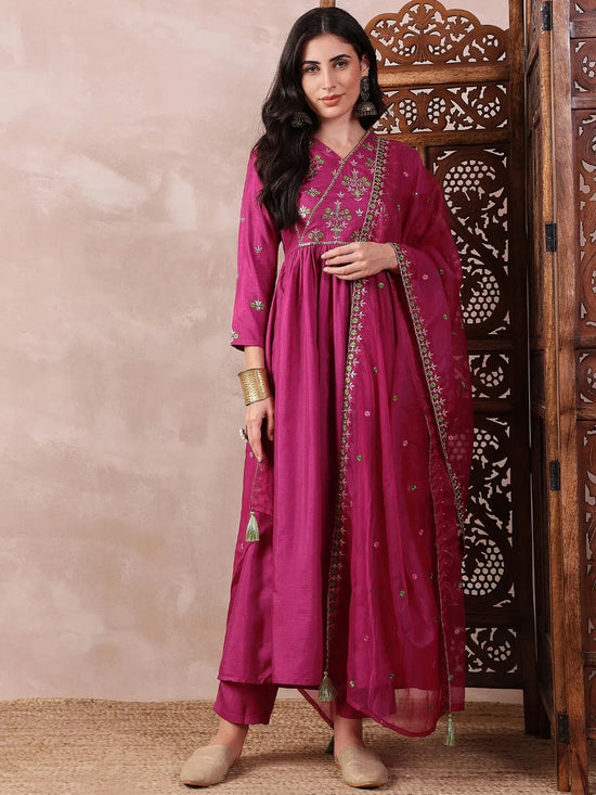 Ahika Women Pink Silk Blend Solid Embroidered A-Line Kurta Trouser With Dupatta-PKSKD2411