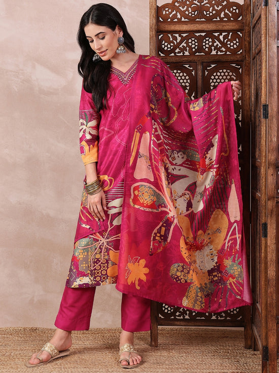 Ahika Women Pink Silk Blend Floral Printed Straight Kurta Trouser With Dupatta-PKSKD2414