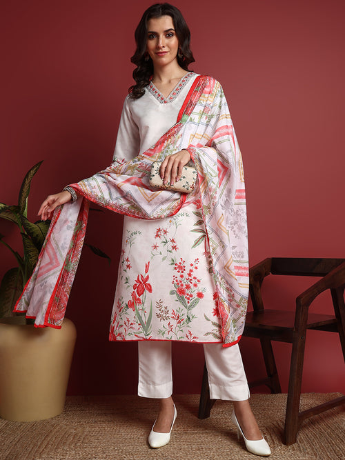 Ahika Cotton Floral White Indian Ethnic