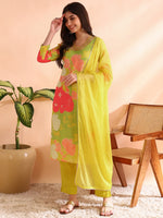 Ahika Women Yellow Rayon Blend Floral Printed Straight Kurta Trousers With Dupatta-PKSKD2425